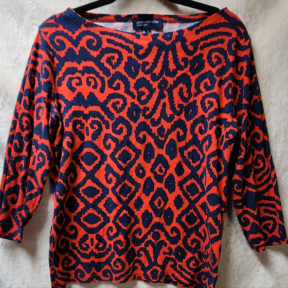 Jones New York Vibrant Red and Blue Top Women XL 3/4 Sleeve